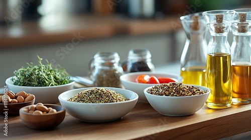 A healthy kitchen scene with bowls of heart-healthy oils and whole foods like nuts, seeds, and vegetables, arranged for meal prep  photo