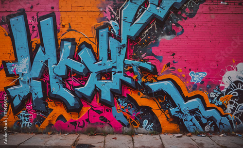 Wall with graffiti on it. The graffiti is in different colors and includes the letters 