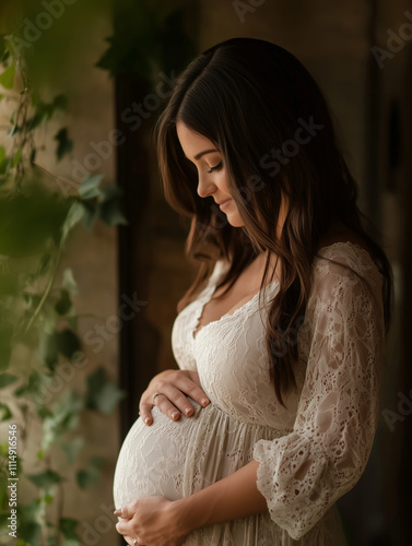 Elegant maternity portrait of a woman embracing her baby bump with greenery