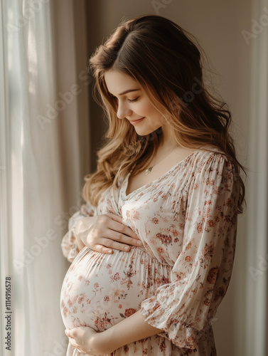 Smiling expectant mother in a black lace dress by a window
