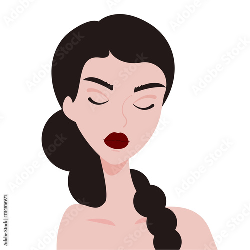 cartoon female portrait, black hair striking eyebrow woman with red lips, female character with eyes closed, illustration in flat style, vector
