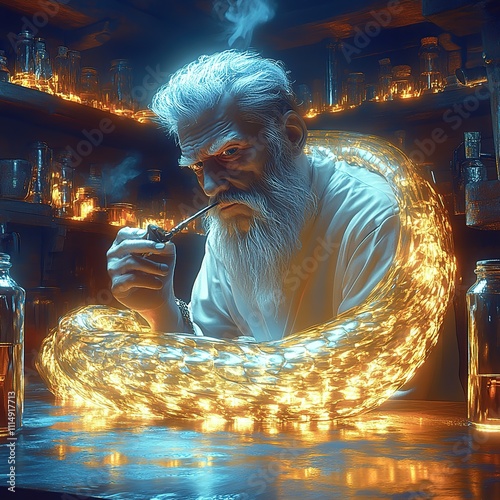 Elderly alchemist smoking pipe, surrounded by glowing energy in his laboratory. photo