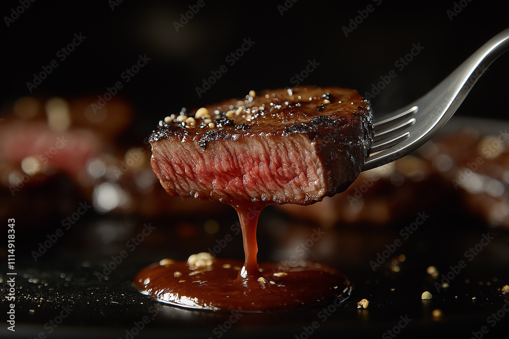 Fototapeta premium A fork holding up the edge of a juicy steak, with meat sauce dripping down, against a dark background, creating an atmosphere of a luxurious dining experience.