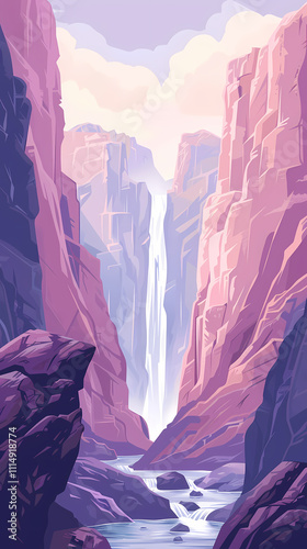 A stunning illustration of a canyon with a waterfall cascading down, surrounded by towering cliffs in soft purple hues.