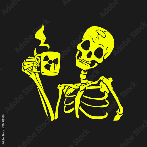 Radioactive Skeleton Holding Coffee Mug Vector Illustration