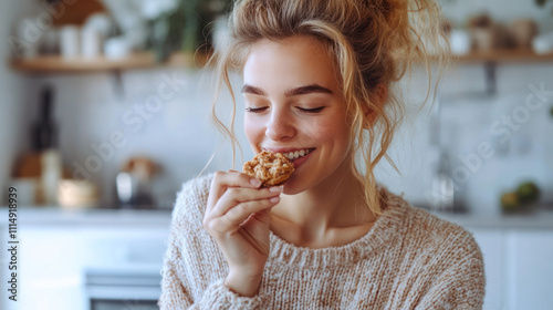 Germany woman grabbing eating cookies at kitchen, enjoy family tradition