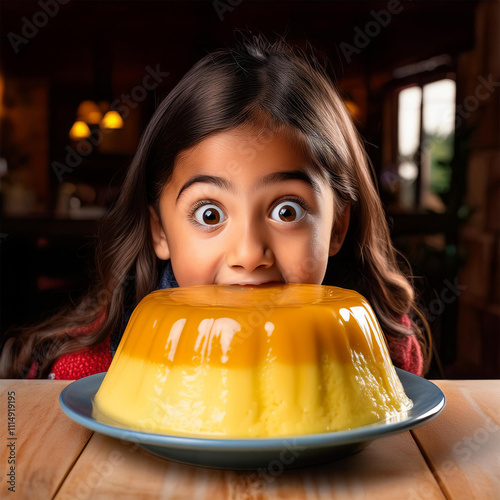 巨大なプリンにかぶりついてる女の子