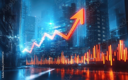 Economic Growth Graph Chart in Futuristic Cityscape with Upward Arrow Symbolizing Success and Investment