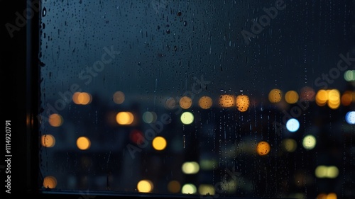  Rainy night city lights viewed through a rain-streaked window. photo