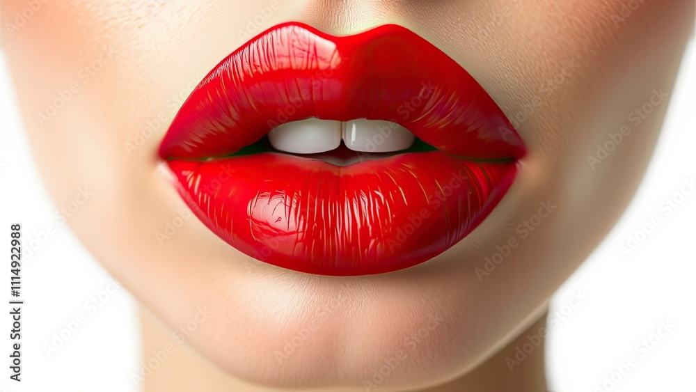 Obraz premium A bold red lipstick with a slight smudge on the outer edge of a full pout, crimson lip shade with smudges, lipstick application mishaps