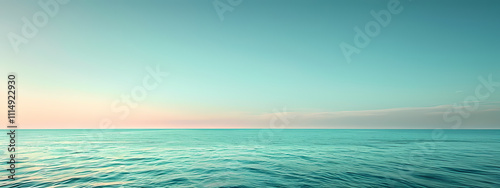 A serene seascape at sunset, featuring calm turquoise waters merging with a pastel sky, evoking peace and tranquility.