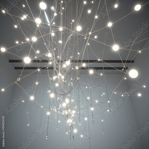 A web of strings and shapes suspended from the ceiling, minimalist design, strings, shape forms, abstract sculpture photo