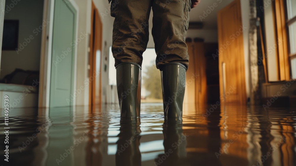 Obraz premium A man lower part body in rubber boots stands in a flooded house - ai
