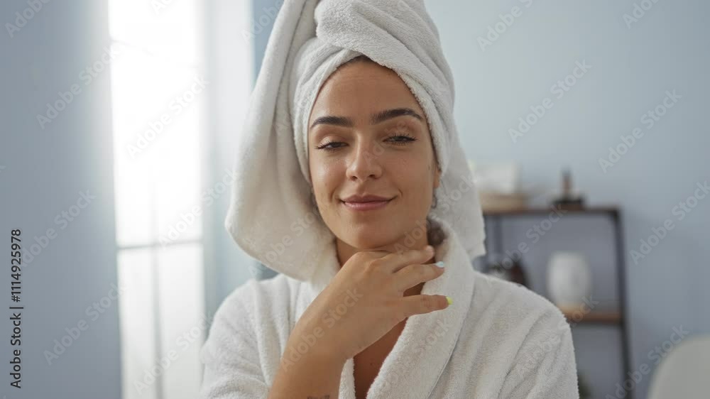 Woman with towel on head and bathrobe in spa room showcasing wellness and relaxation beauty treatment in a serene indoor setting Woman with towel on head and bathrobe in spa room showcasing wellness and relaxation beauty treatment in a serene indoor setting