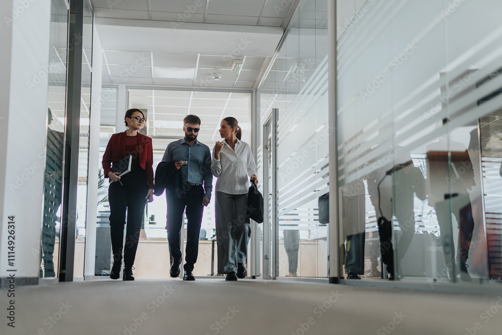 Fototapeta premium A group of colleagues walk down a bright corridor in a contemporary office, engaged in conversation and teamwork. The scene captures a dynamic and collaborative business environment.