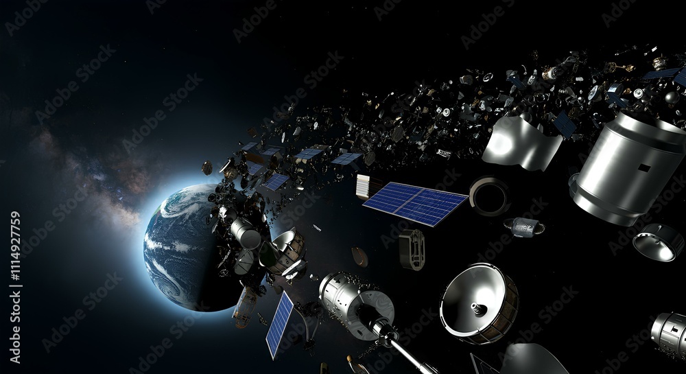 Fototapeta premium 地球を周回している宇宙ごみ。デブリ。スペースジャンクのイメージ｜Space junk orbiting the Earth. Debris. Image of space junk