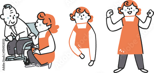 介護職で張りきって働く女性　セットのストックイラスト素材
