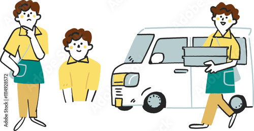 軽バンでお弁当を配達する女性の配達員　セットのストックイラスト素材

