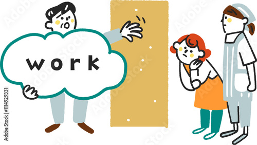 仕事を捌ききれない経営者と年収の壁で隔たれた時給労働者　ストックイラスト素材

