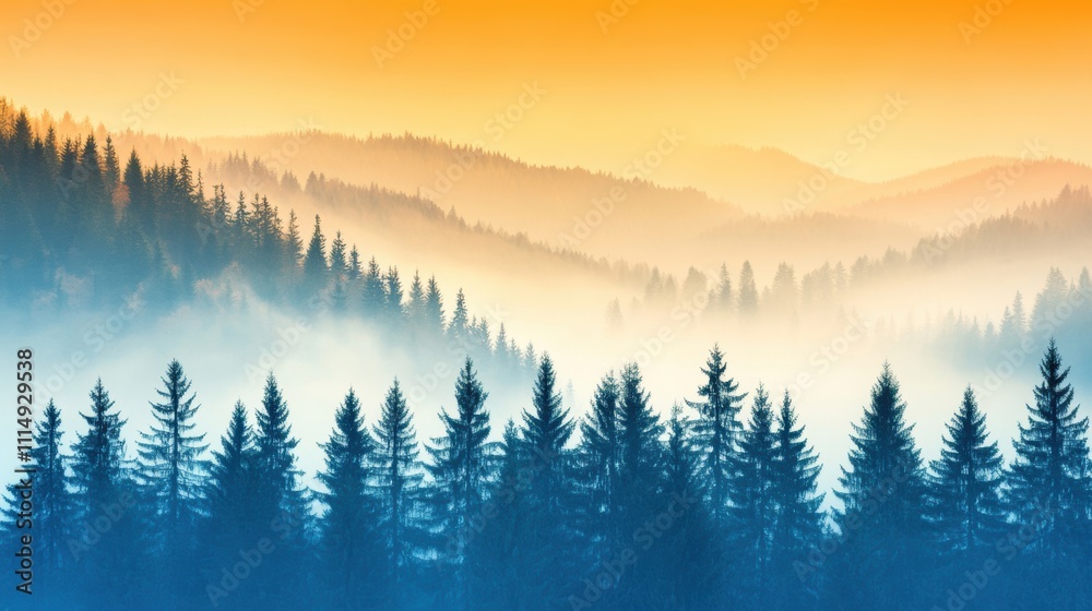 Obraz premium A tranquil mist covers a forested landscape during the early morning, as soft hues of orange and blue merge in the sky above