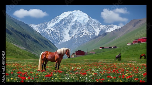 Majestic Mountain Horses Grazing in Wildflower Meadow photo