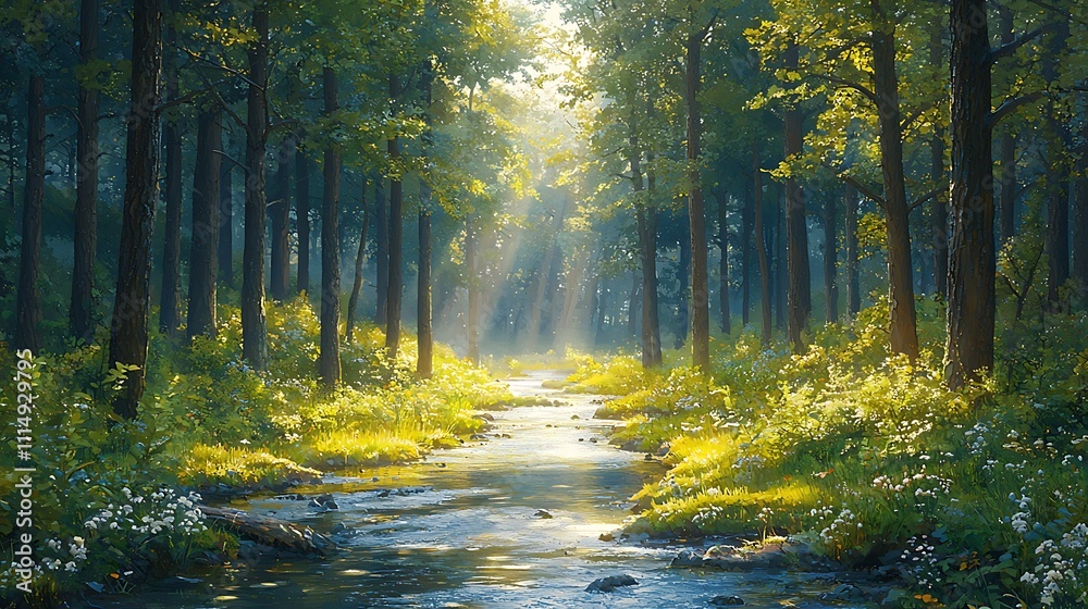 Obraz premium A peaceful forest with towering trees, sunlight streaming through the branches, and a river winding through the underbrush under a bright blue sky 