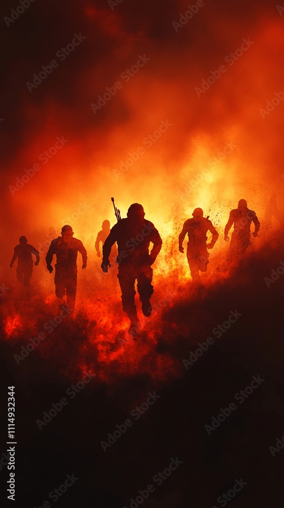Fototapeta premium apocalyptic scene with people figures running through fiery chaos. The dark, ominous sky and central figure with a downward arrow create a sense of impending doom and judgment.