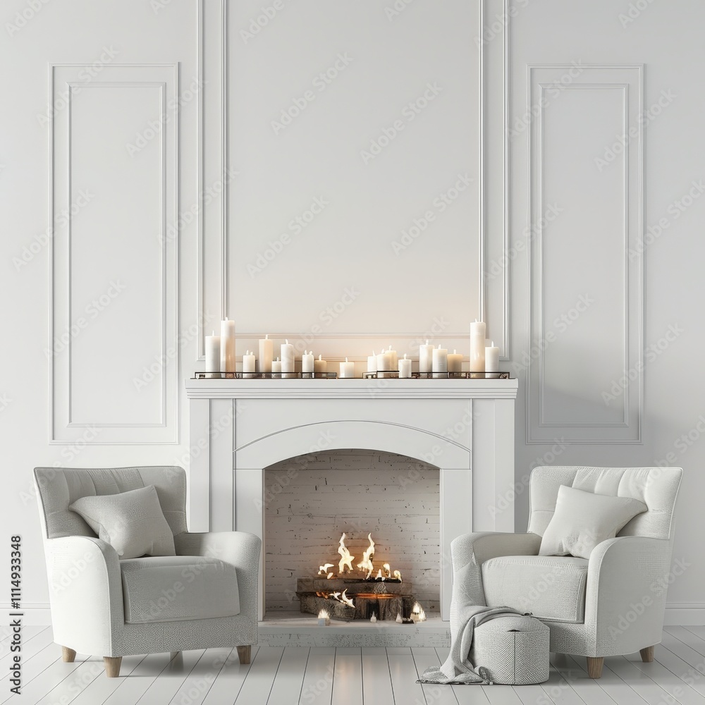 Fototapeta premium Two white armchairs sit in front of a fireplace with lit candles on the mantel and a roaring fire