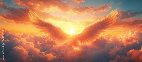 Majestic Angel Wings in a Dreamlike Sunset Sky with Vibrant Clouds and Ethereal Light photo