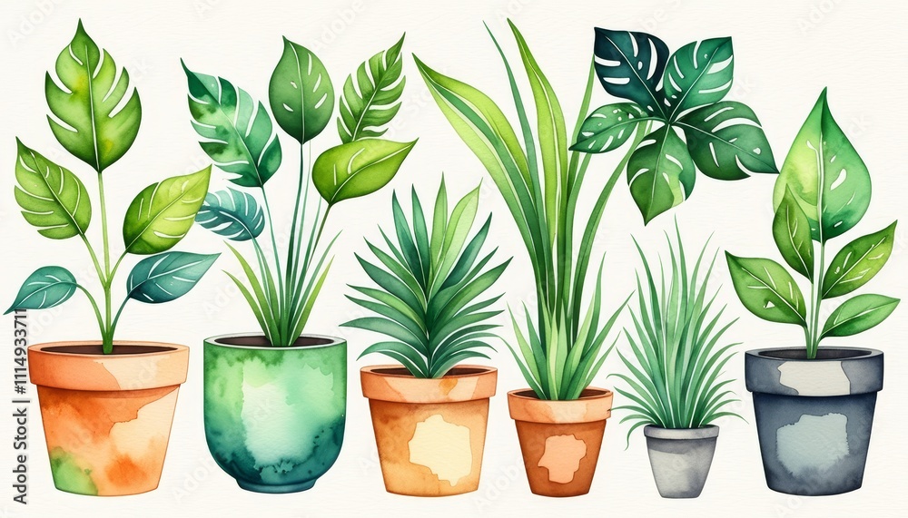 Fototapeta premium Vibrant watercolor houseplants in colorful pots for modern interior design