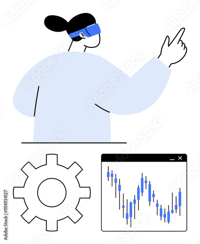 Person using VR headset pointing forward. Gear icon and stock market graph adjacent. Ideal for technology, finance, virtual reality, business, data analysis, future concepts innovation. Line