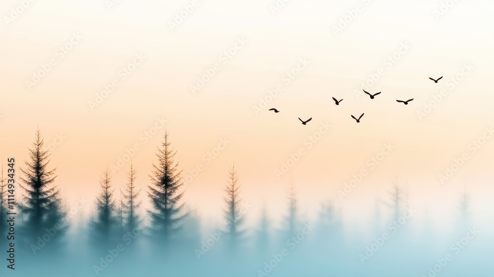 Obraz premium A serene landscape featuring silhouetted trees under a pastel sky with birds soaring, perfect for nature-themed projects, calming backgrounds, or travel-related media,