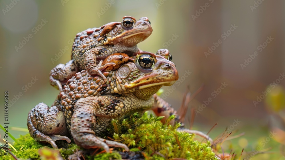Fototapeta premium Toad Family Portrait: A heartwarming image of a toad family nestled together on a bed of moss, capturing the delicate beauty of nature's intricate relationships.