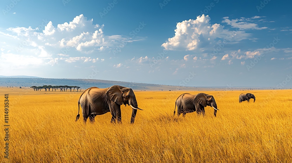 Obraz premium A stunning savannah scene with golden grasslands stretching as far as the eye can see, acacia trees dotting the landscape, and a herd of elephants grazing 