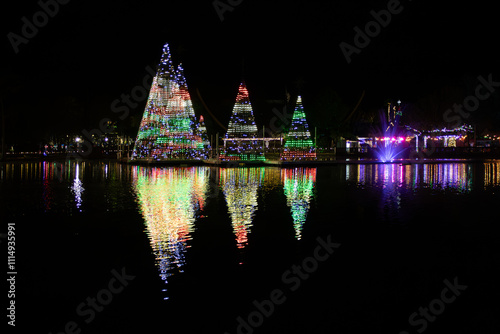 Christmas lights at a theme park at night
