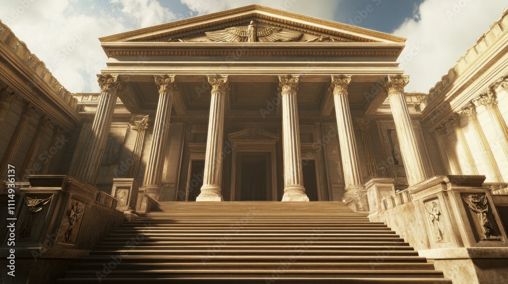 Fototapeta premium Majestic ancient temple with grand staircase and columns under sunny sky.