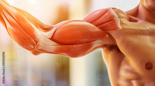 Muscular arm flexing with detailed veins and tendons visible, symbolizing strength and physiology, close-up view emphasizing muscle structure and human anatomy