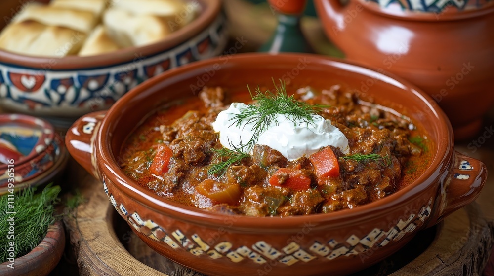Rustic Hungarian Goulash Cooking in Cozy Rural Kitchen with Paprika Sprinkle, Dill, and Sour Cream in Traditional Pottery