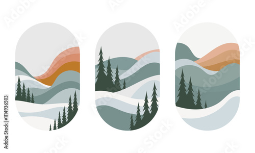 Landscape with mountain slopes covered with bright pine trees and warm shades of sunset. The mountains smoothly pass into horizons with misty overflows.