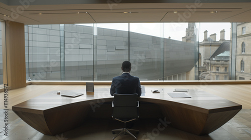 High-ranking executive in a suit sitting alone at a large wooden desk, contemplating resignation papers in a spacious office with large windows, clean desk emphasizing focus on resignation decision photo