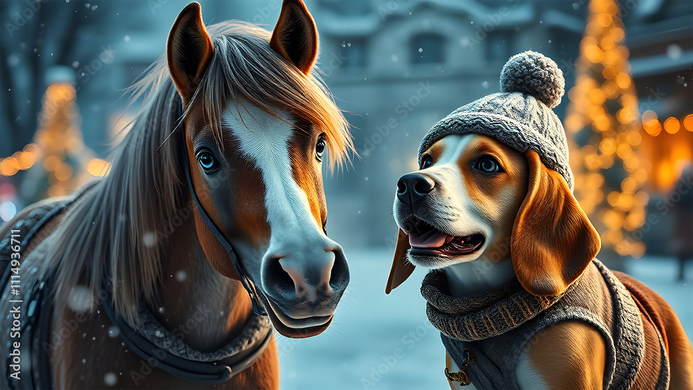 Obraz premium Pony and Beagle are best buds, playing in the snow, picture prefect. Staying warm in their knitted sweaters and coats.