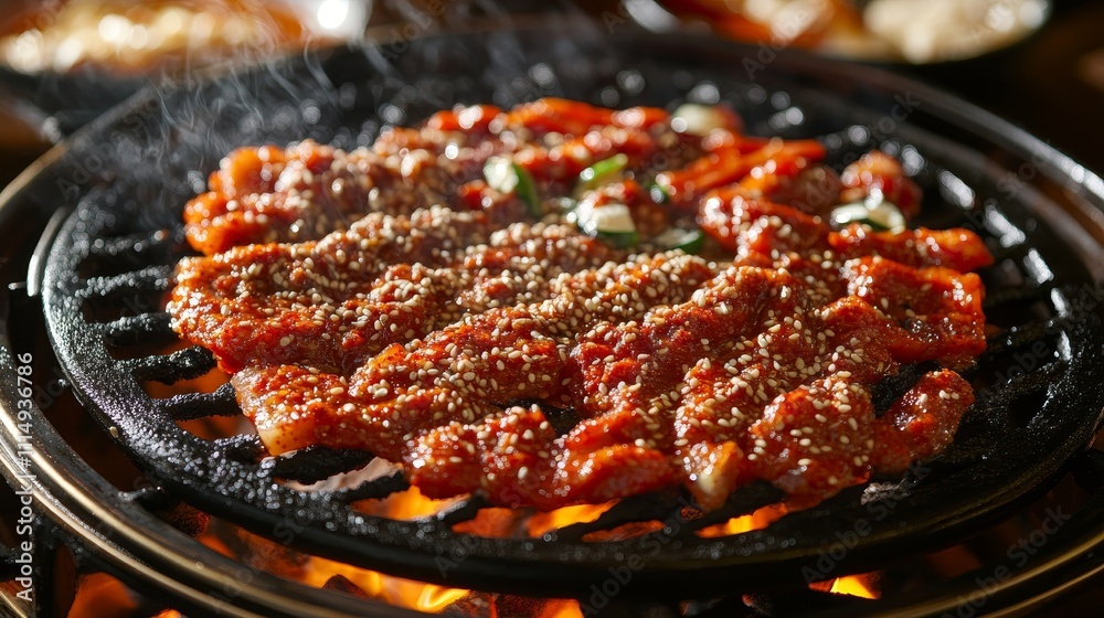 Fototapeta premium Authentic Korean BBQ Experience at a Modern Seoul Restaurant with Gochujang Paste, Sesame Seeds, and Sizzling Dishes