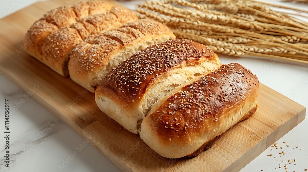 Freshly Baked Sesame Seed Bread on Wooden Cutting Board Freshly Baked Sesame Seed Bread on Wooden Cutting Board