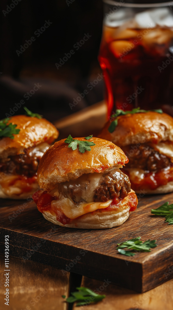 Meatball sliders with cheese and cola drink
