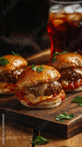 Obraz na płótnie Meatball sliders with cheese and cola drink w salonie
