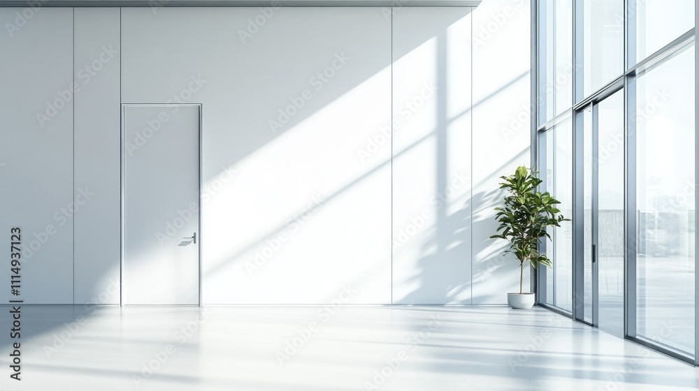 Fototapeta premium Modern Minimalist Office Space Interior Design: Sunlight Streaming Through Large Windows, Illuminating a Clean, White Room with a Single Plant and Door