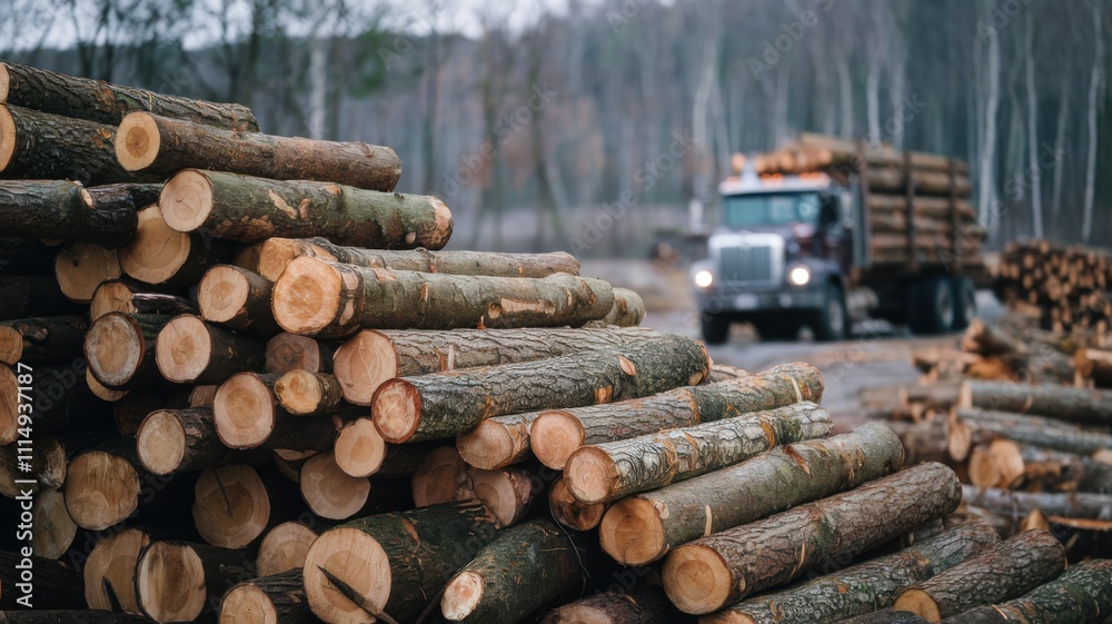 Logs stacked for transport, with a truck loading timber in a forested area. Logs stacked for transport, with a truck loading timber in a forested area.