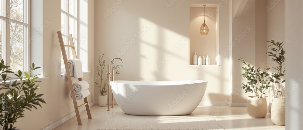 Fototapeta premium Luxurious and Minimalist Bathroom Interior with Freestanding Bathtub and Natural Light