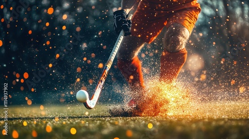 Close-up of field hockey player hit the ball, explosion and sparks on background