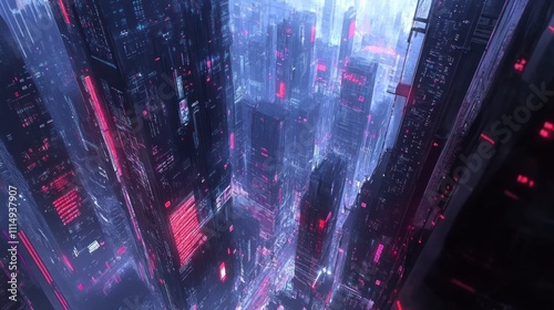 A futuristic cityscape filled with neon lights and towering skyscrapers.